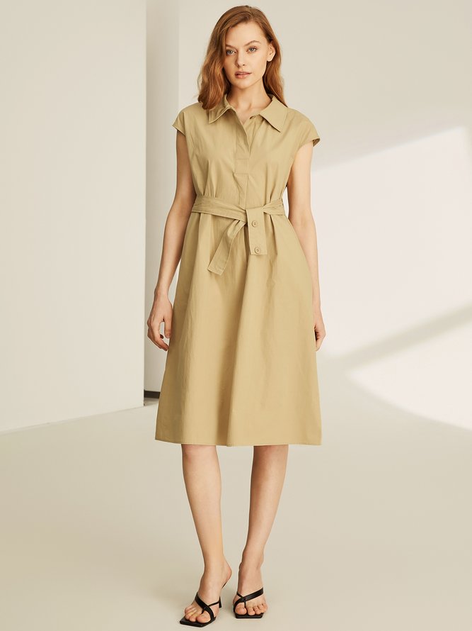Linen Elegant Plain Shirt Collar Dress With Belt