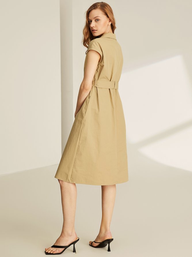 Linen Elegant Plain Shirt Collar Dress With Belt