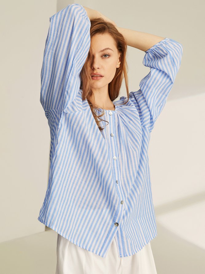 Linen Striped Vacation Crew Neck Blouse