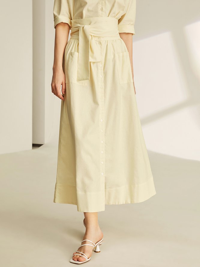 Linen Regular Fit Plain Elegant Skirt With Belt