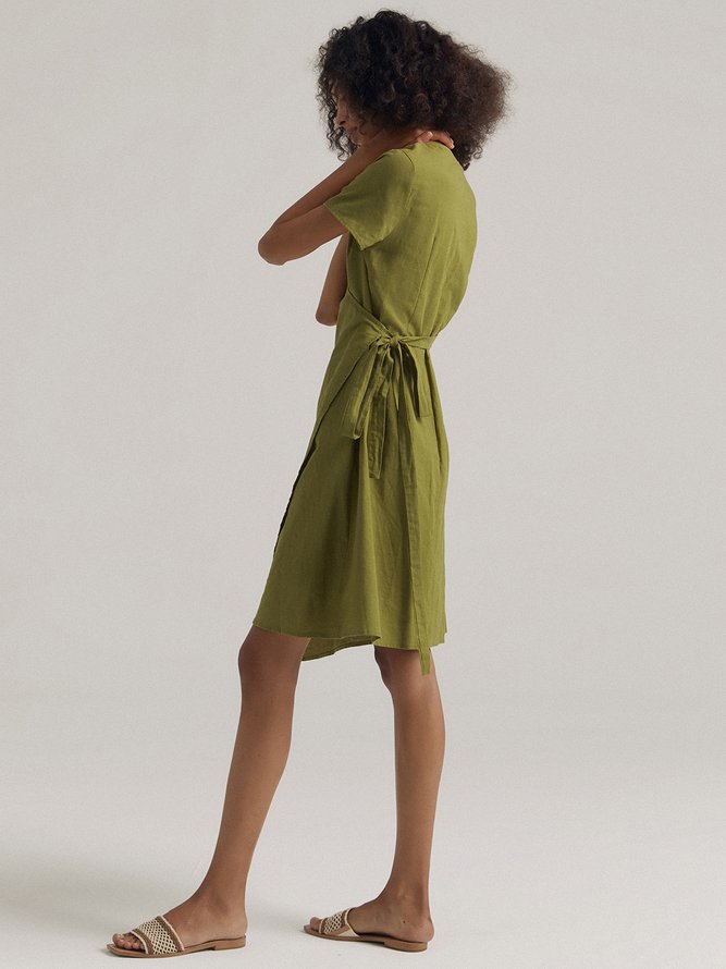 Beatrice Linen Cotton Olive Green Wrap Dress