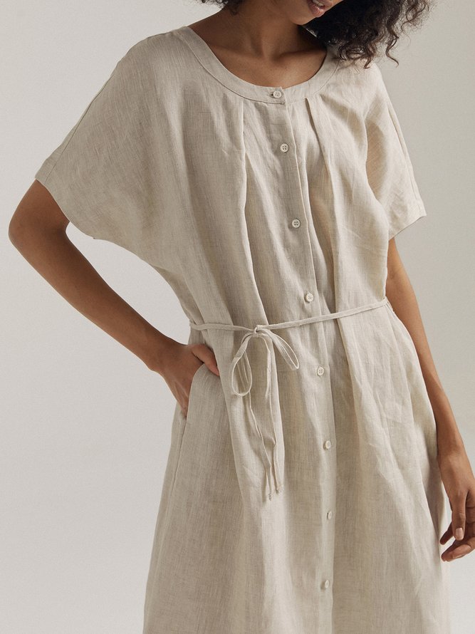 Mia 100% Linen Vintage Front-Button Dress With Belt