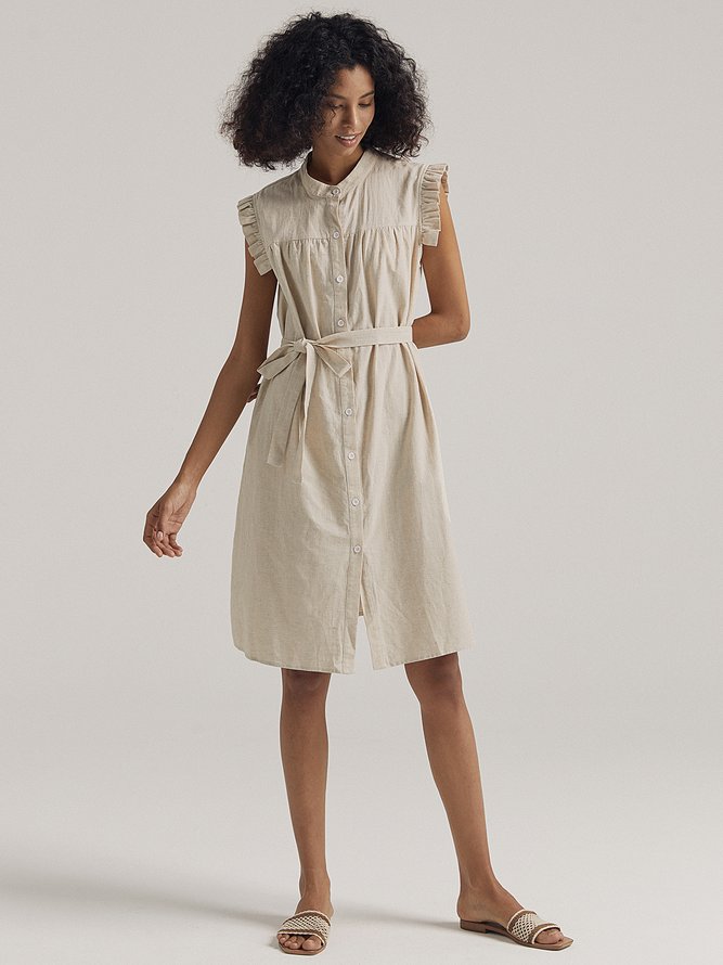 Bronte Linen Cotton Front-Button Collar Dress with Belt