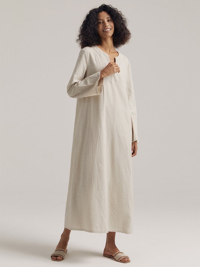Serene Linen Cotton V Neck Maxi Dress