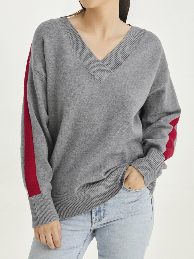 Gray V Neck Solid Shift Long Sleeve Sweater