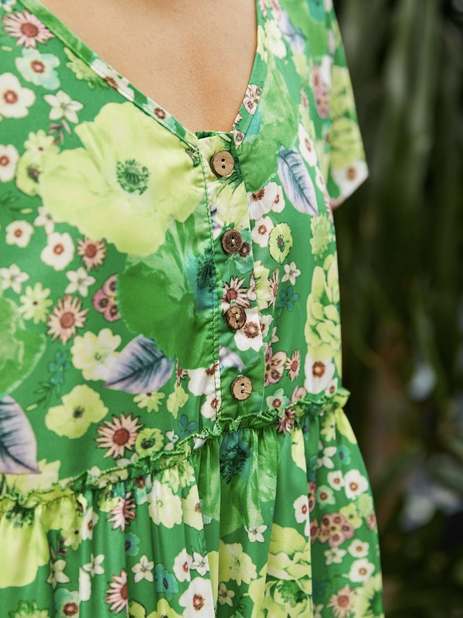 Buttoned Short Sleeve Floral Cotton-Blend Weaving Midi Dress