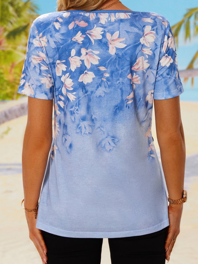 Vacation Buttoned Floral Short Sleeve T-Shirt