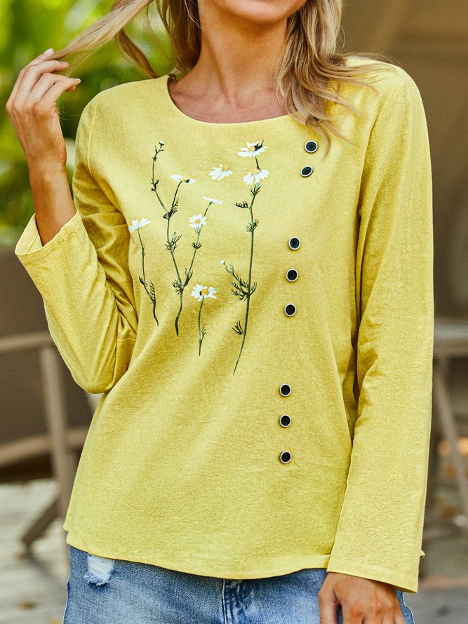 Women Floral Autumn Casual Daily Long sleeve Loose Crew Neck Regular H-Line Tops