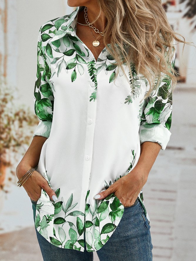 Casual Leaves Long sleeve Shirt Collar Printed Blouses
