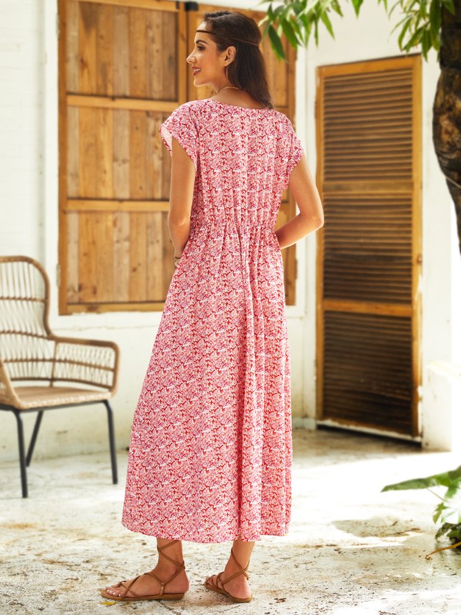 Floral Short Sleeve Cotton-Blend Weaving Maxi Dress