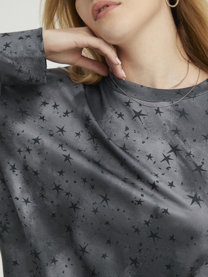 Women Casual Autumn Star Crew Neck Micro-Elasticity Long sleeve Loose Cotton-Blend Regular Sweatshirt