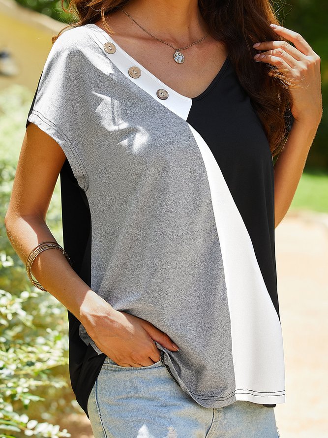 Geometric Summer Casual Jersey Pullover Standard Cap sleeve Loose Off Shoulder Sleeve T-shirt for Women