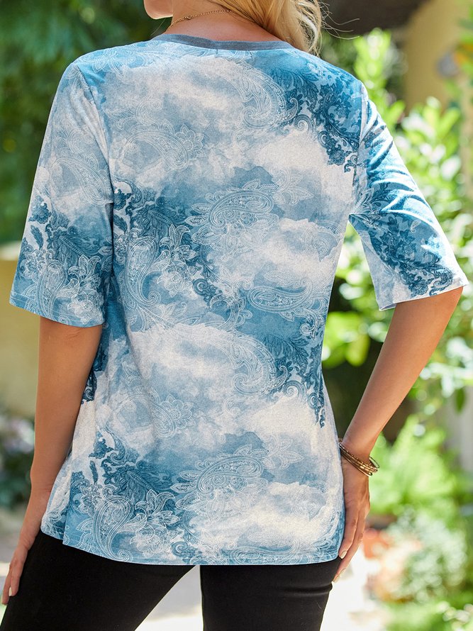 Women Casual Ethnic Summer V neck Loose Jersey Half sleeve Regular H-Line Tops