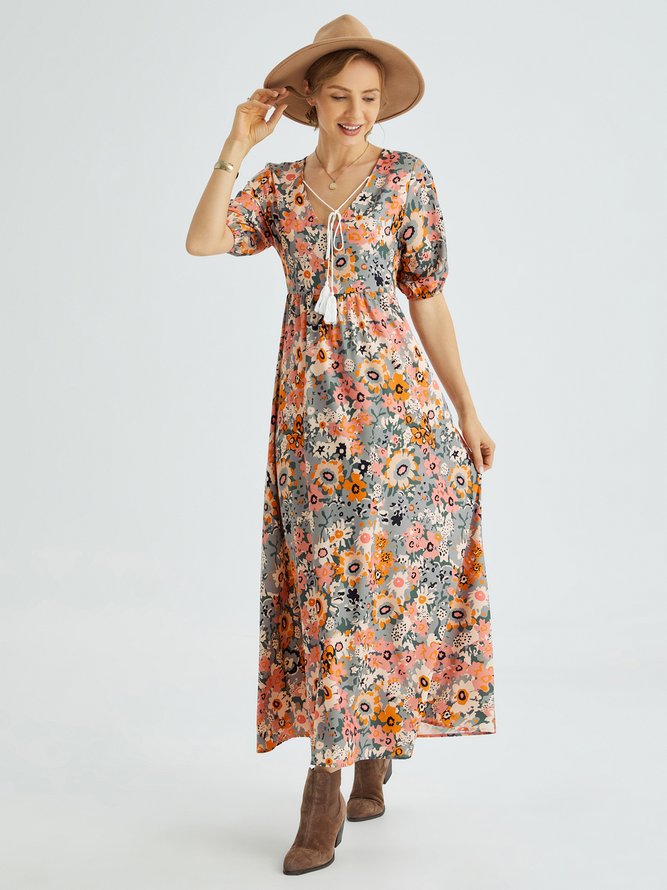 Loosen Floral Short Sleeve Woven Maxi Dress
