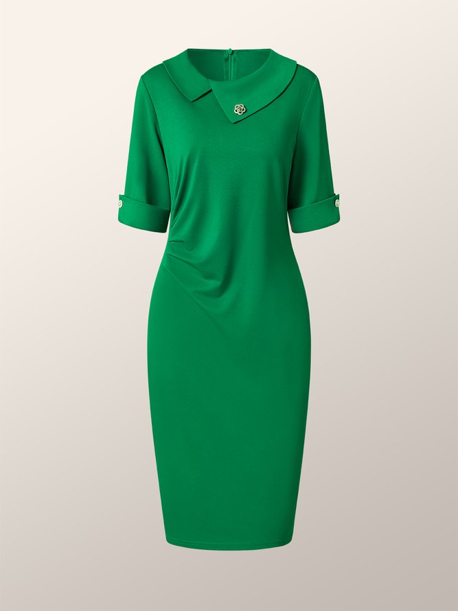 Daily Plain Elegant Asymmetrical Neck Green Dress