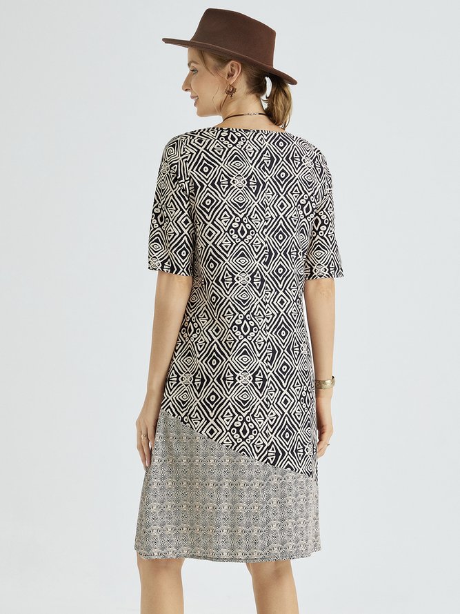 Tribal Geometric Printed Boho Loosen V Neck Short Sleeve Midi Woven Midi Dress
