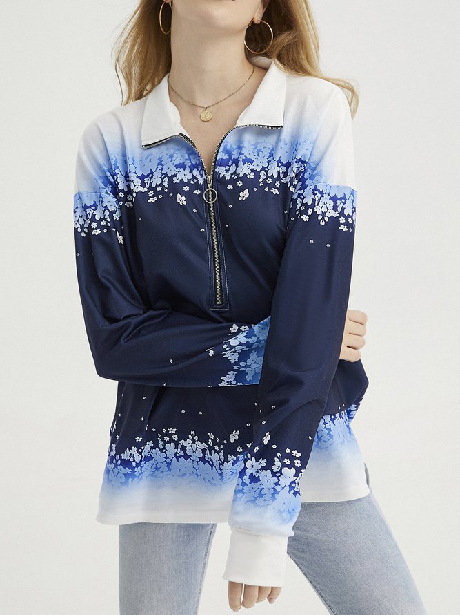Women Casual Spring Printed Polyester V neck Zipper Lightweight Micro-Elasticity Long sleeve Sweatshirts