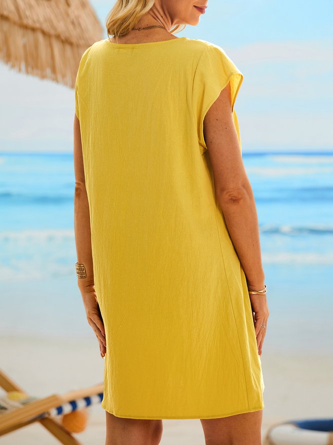 Yellow Cap Sleeve Cotton Linen Shift Midi Dress