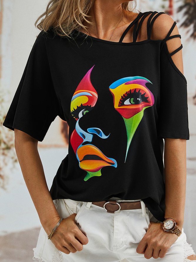 One Shoulder Abstract Casual T-Shirt
