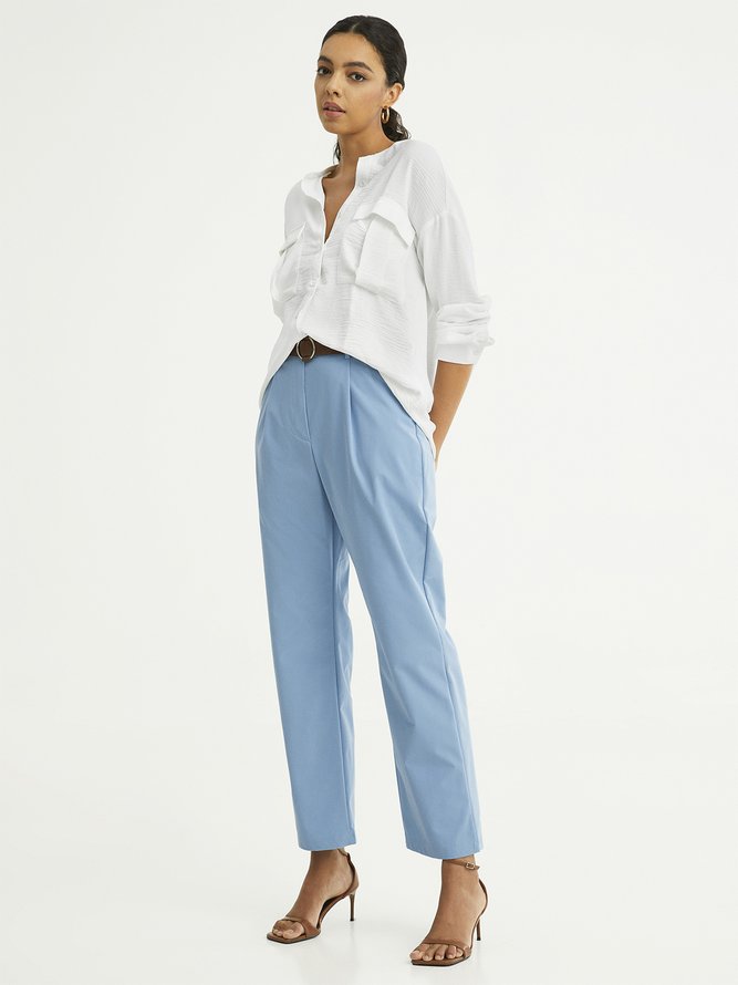 Solid Plain Cotton-Blend Casual Pants