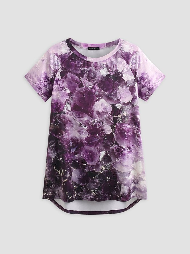 Loose casual holiday purple crystal good luck printed top T-shirt Plus Size