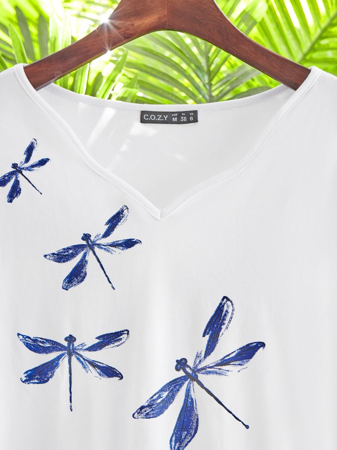 Women Summer Casual Dragonfly Standard Long sleeve Cotton-Blend Regular H-Line Regular T-shirt