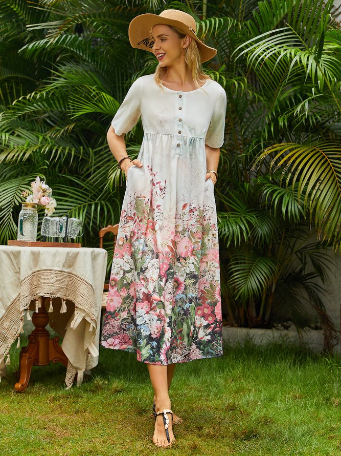 Floral Casual Regular Fit Short Sleeve Woven Maxi Dress