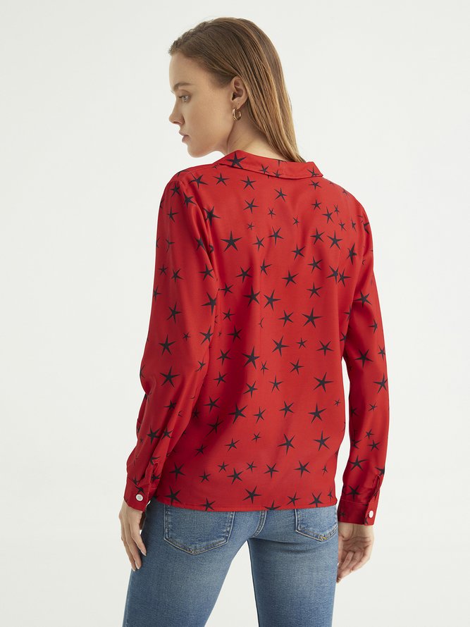 Red Casual Star Shift V Neck  Top