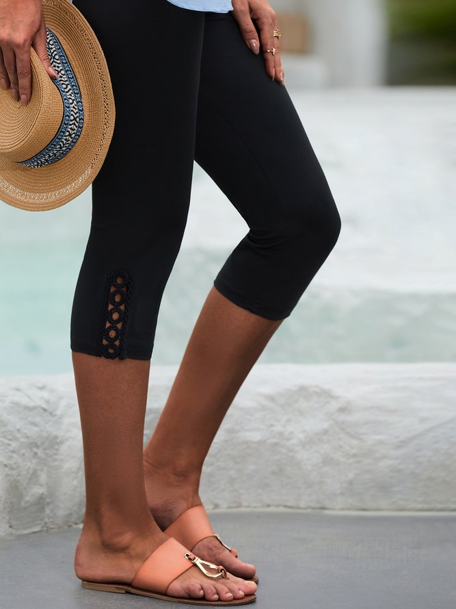 Plain color patterned elastic waist lace high elastic pants Capri Leggings Plus Size