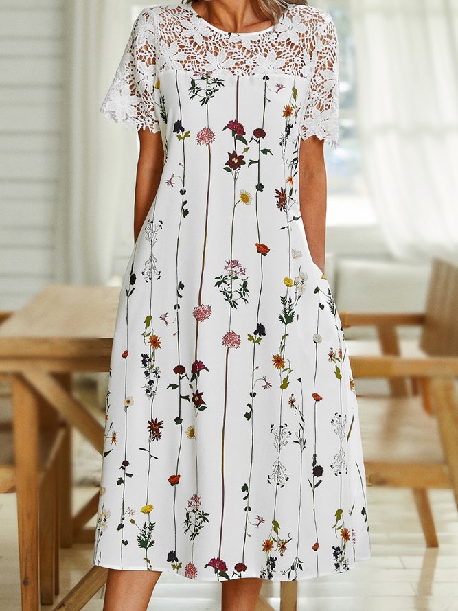Lace Floral Short sleeve Crew Neck Casual Short sleeve Maxi Woven Dress