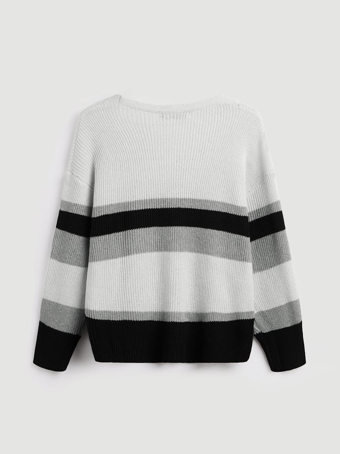 V Neck Long Sleeve Striped Sweater