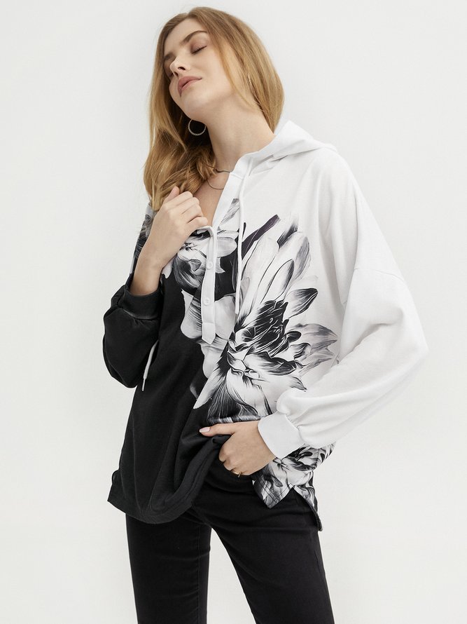 Casual Floral Winter Mid-weight Long sleeve Loose Cotton-Blend Regular Plant Sweatshirts for Women