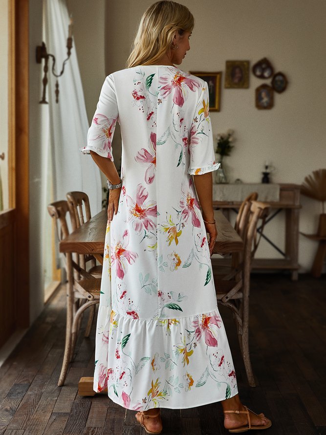 Casual Floral V Neck Short Sleeve Woven Dress