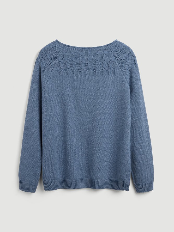 Blue Solid Cotton Long Sleeve Casual Sweater