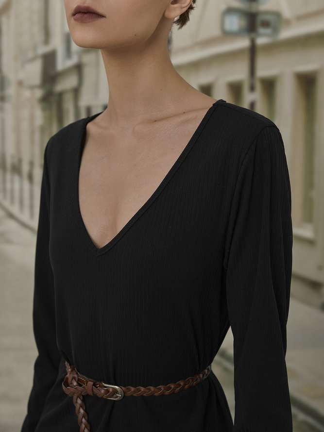 Black V Neck Regular Fit Casual Simple Knitting Dress