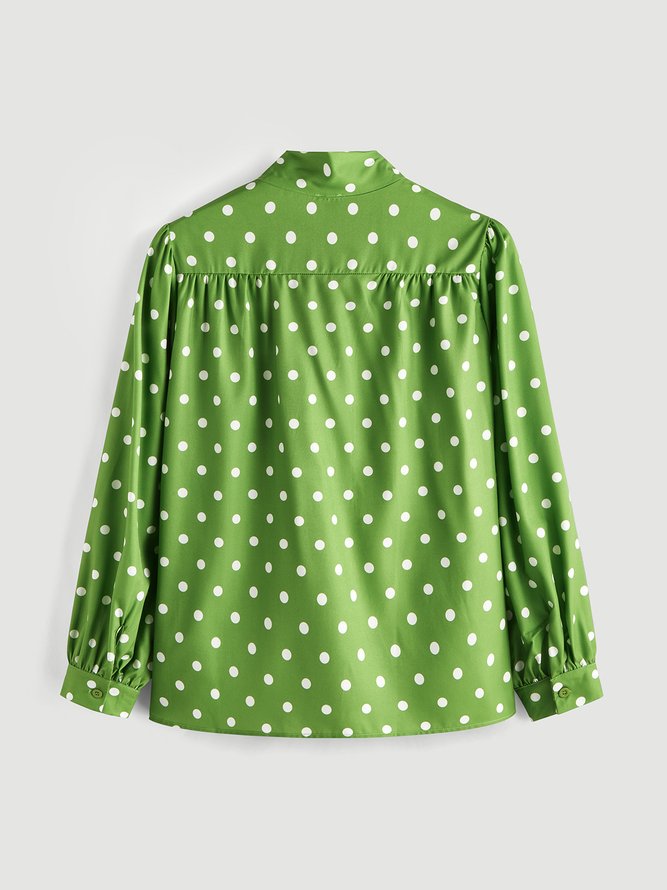 Green Loose Polka DotsLong sleeve  Elegant Stand H-Line Collar Tops
