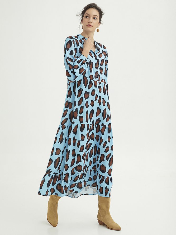 Casual Cotton-Blend Leopard Long Sleeve Weaving Dress