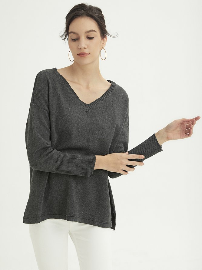 Casual V Neck Solid Long Sleeve Sweater