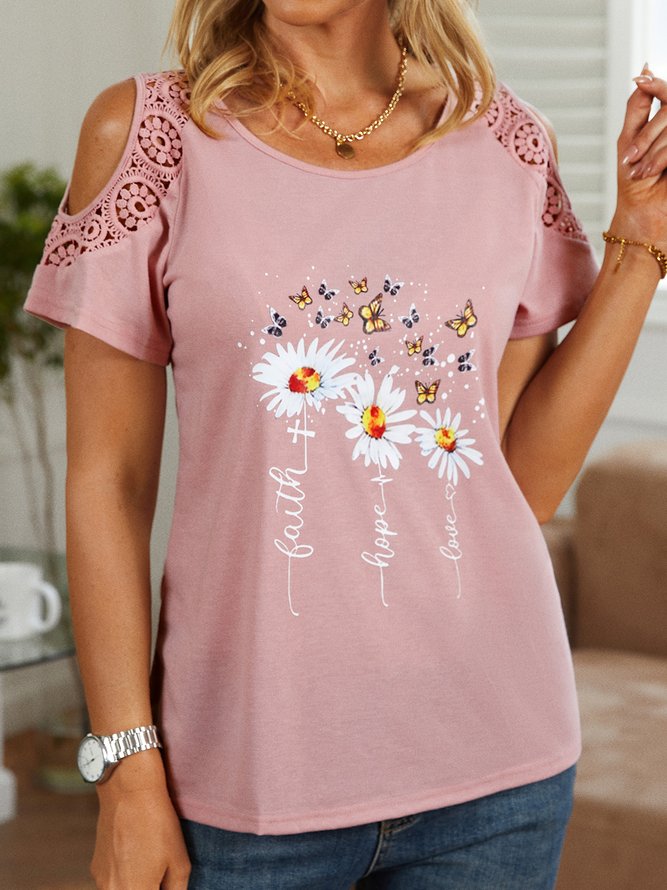 Floral Butterfly Printed Vacation Loosen Scoop Neckline Short Sleeve T-Shirt