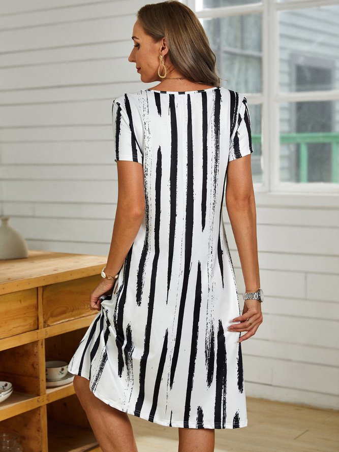 Striped V Neck Casual Short Sleeve Midi Dress