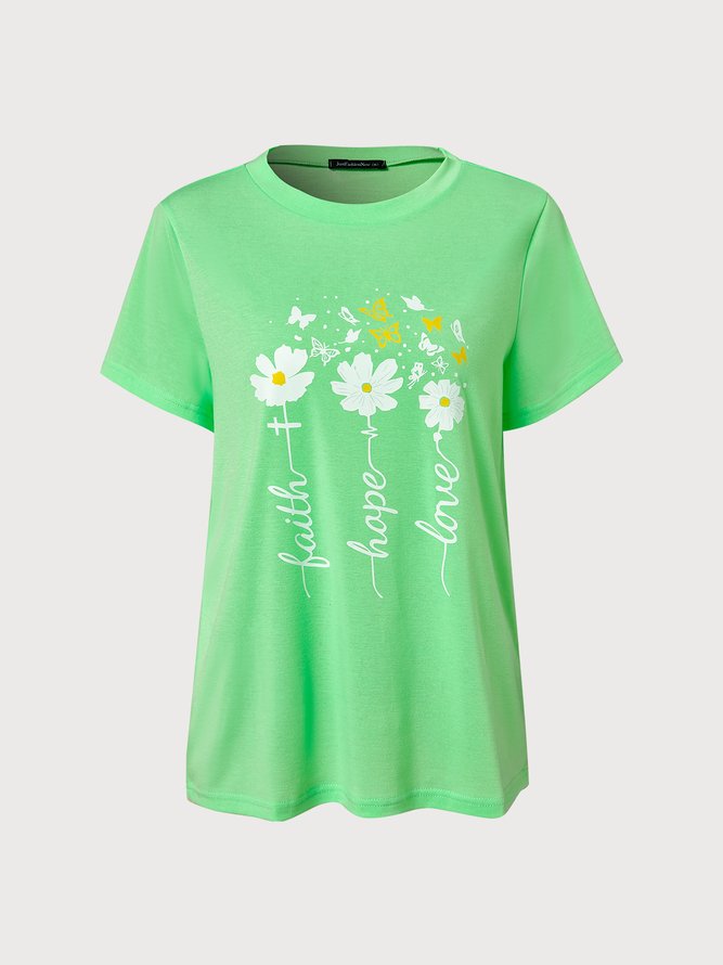 Casual Floral Summer Lightweight Micro-Elasticity Daily Short sleeve Fit H-Line T-shirt for Women