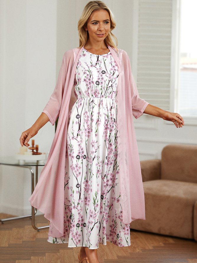Floral Casual Short Sleeve Woven Maxi Dress With Outerwear