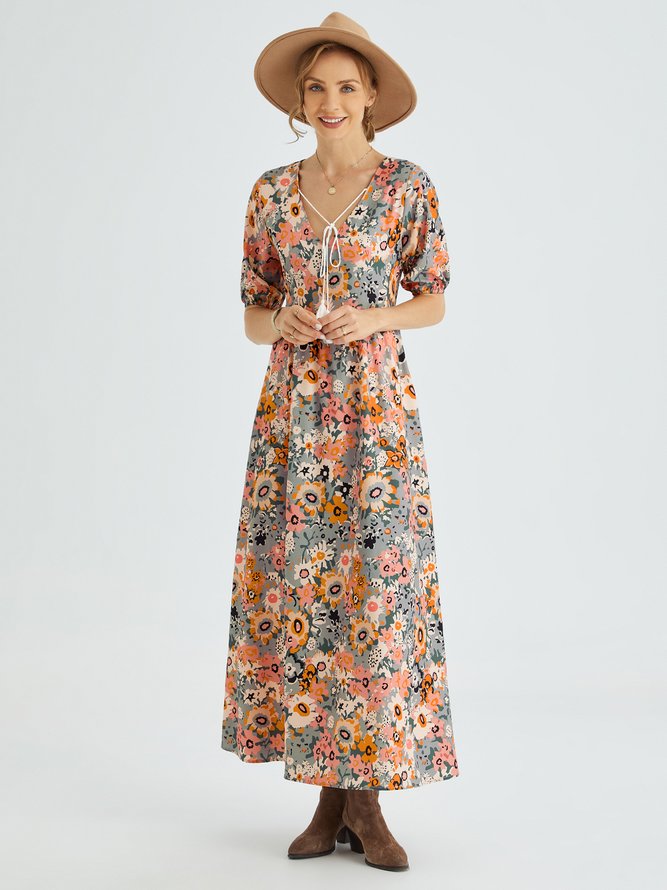 Loosen Floral Short Sleeve Woven Maxi Dress