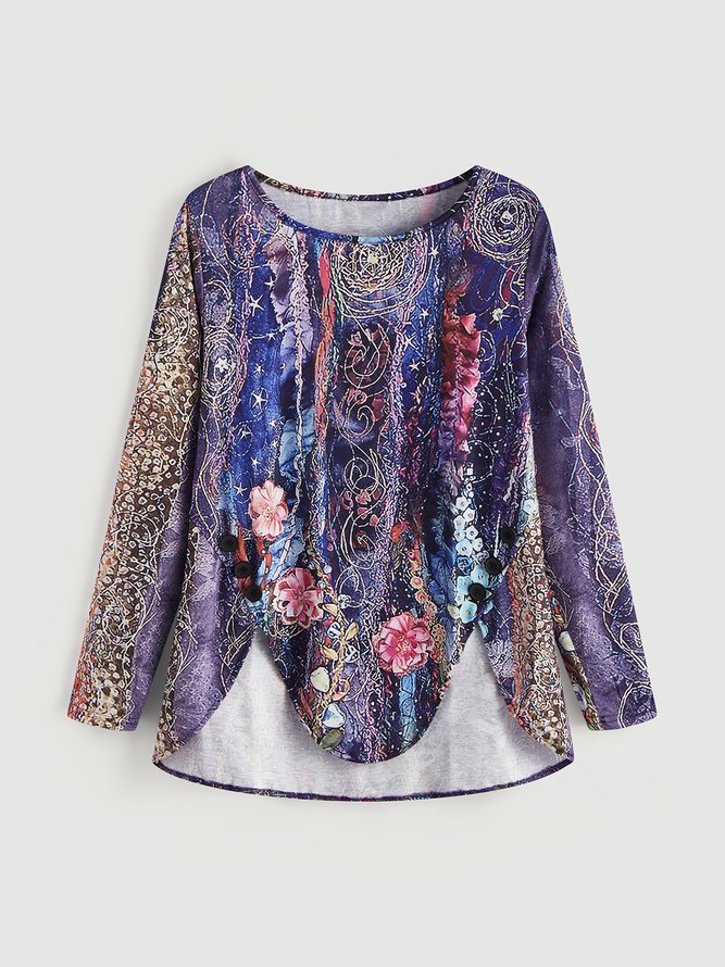 Casual Floral-Print Crew Neck Floral Tops