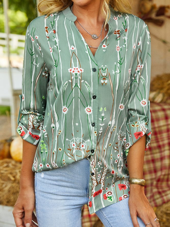 Stand Collar Floral Printed Long Sleeve Blouse