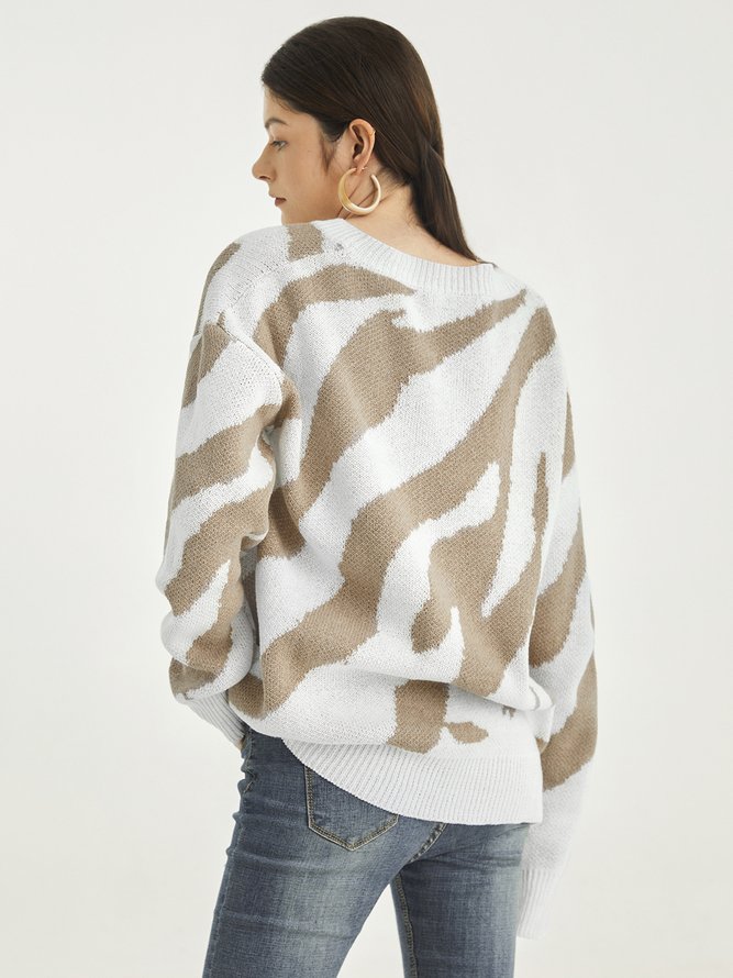 Vintage Color-block Zebra Pattern Long Sleeve Crew Neck Casual Sweater
