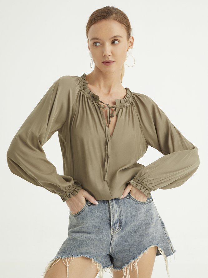 Casual V Neck Long Sleeve Solid Shirt