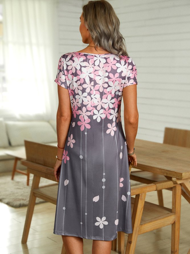 Casual Floral Short Sleeve V Neck Plus Size Printed Midi Dress