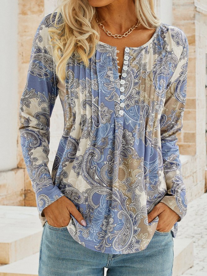 Ethnic Printed Jersey Casual Long Sleeve TUNIC Top