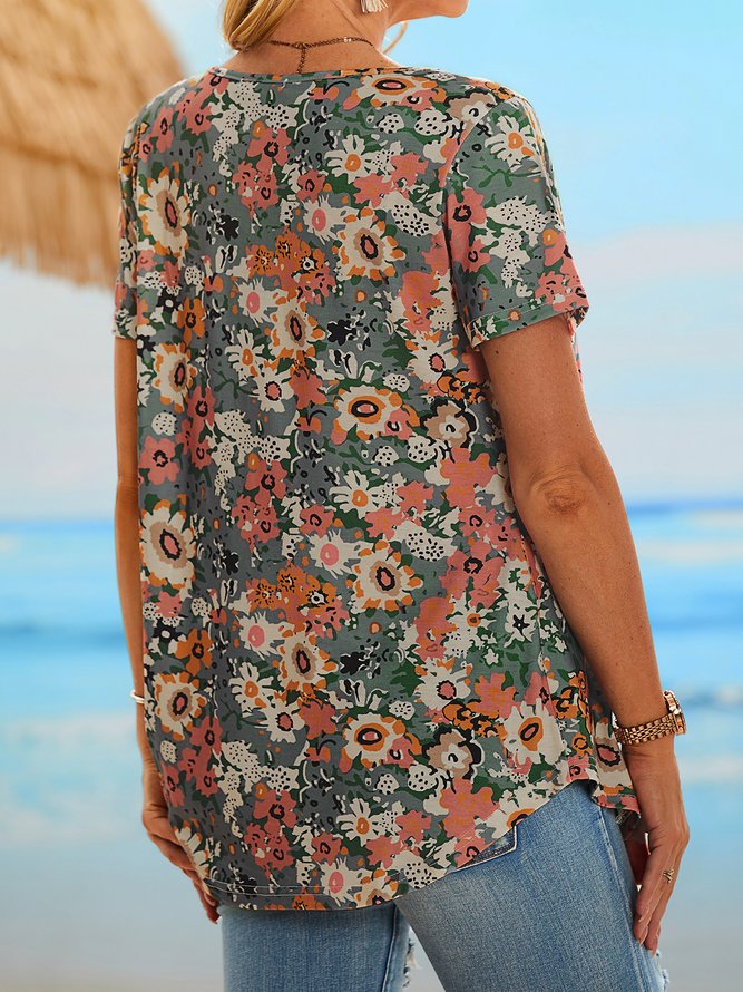 Holiday gradient flower half open button loose pleated top T-shirt tunic